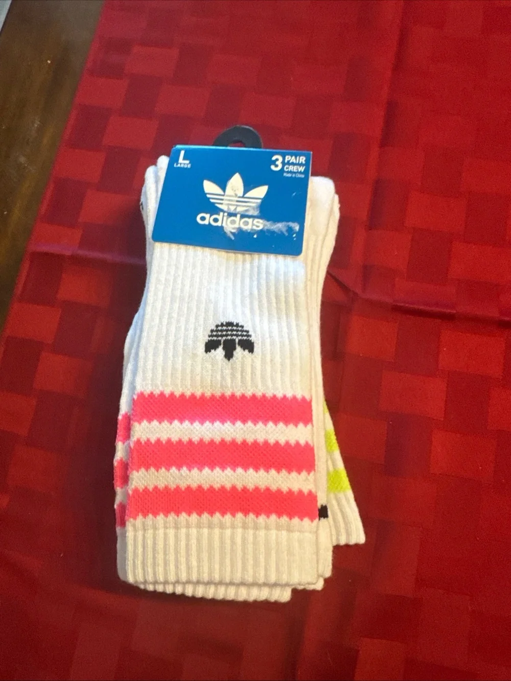 adidas Men’s Crew Socks — White with Pink Stripe